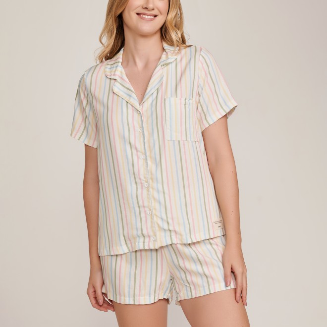 Pijama Curto  Short  com Botões Listrado Alegria